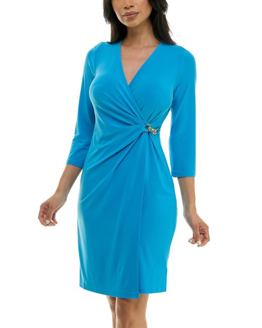 Nina Leonard Blue Chain Faux Wrap Dress