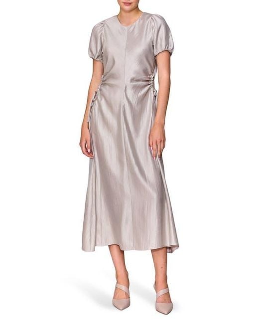 MELLODAY Pink Side Cutout Puff Sleeve Midi Dress