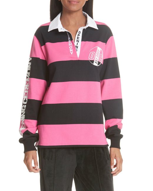 Opening Ceremony Pink And Black Striped Rugby Long Sleeve Polo