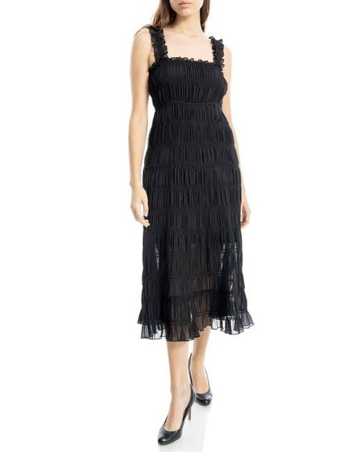 Max Studio Black Ruffle Shirred Georgette Midi Dress