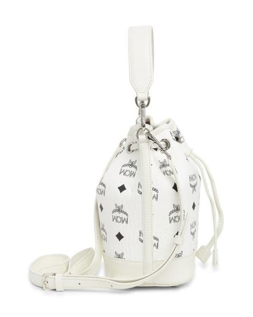 MCM White Dessau Drawstring Mini Shoulder Bag