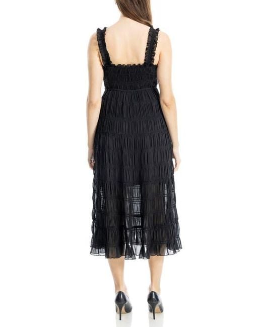 Max Studio Black Ruffle Shirred Georgette Midi Dress