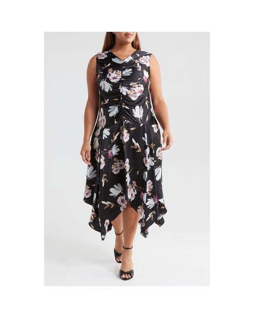 MELLODAY Black Ruched Handkerchief Satin Midi Dress