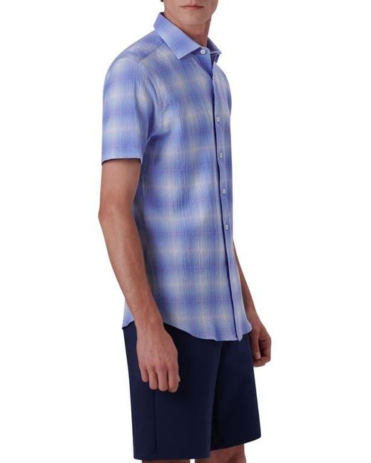 Bugatchi Blue Ombré Check Short Sleeve Cotton Seersucker Button-Up Shirt for men