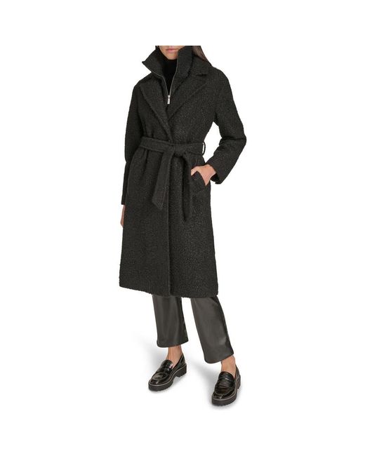 Calvin Klein Black Faux Shearling Bouclé Coat With Zip Bib