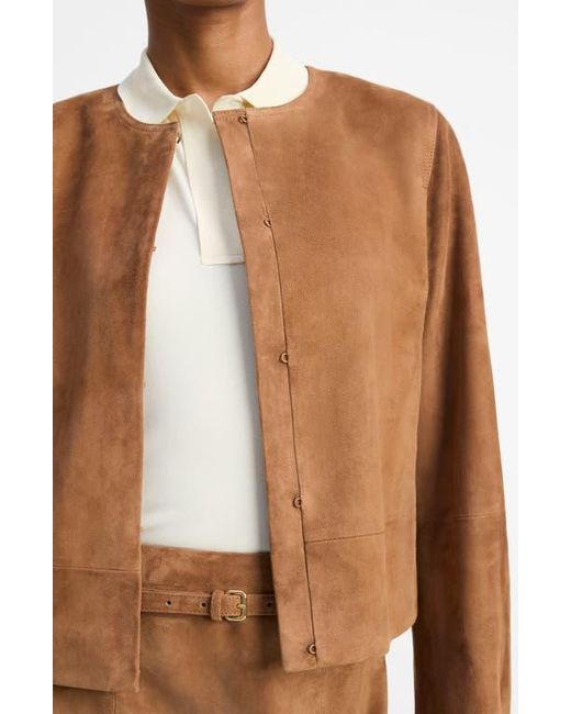 Vince Brown Collarless Cropped Suede Jacket