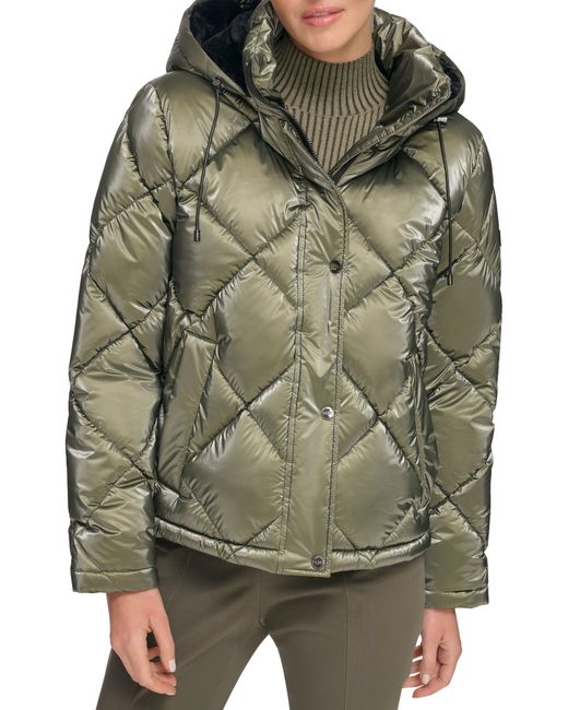 DKNY Green Diamond Quilt Water Resistant Puffer Jacket