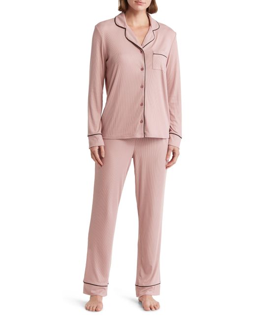 Nicole Miller Pink Rib Long Sleeve Top & Pants Pipe Trim Pajamas