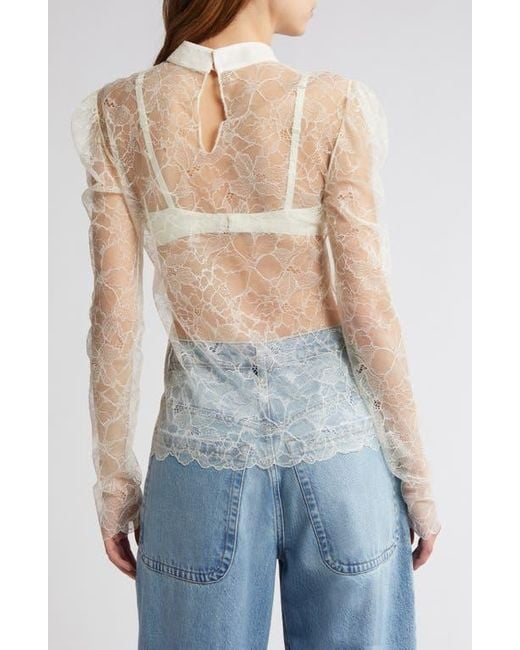 FRAME Sheer Lace Mock Neck Top in Blue | Lyst FRAME Sheer Lace Mock Neck Top in Blue | Lyst