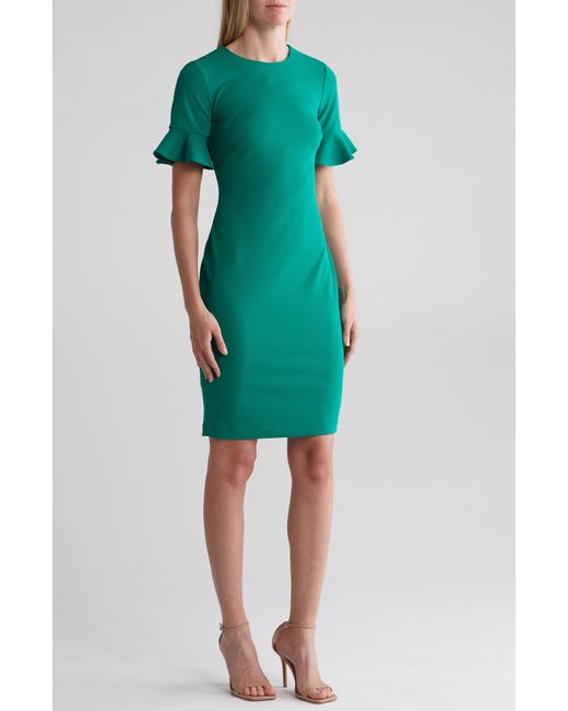 Calvin Klein Green Ruffle Short Sleeve Sheath Dress