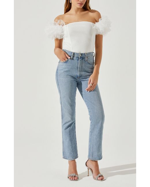 Astr Blue Calla Off The Shoulder Tulle Sleeve Sweater