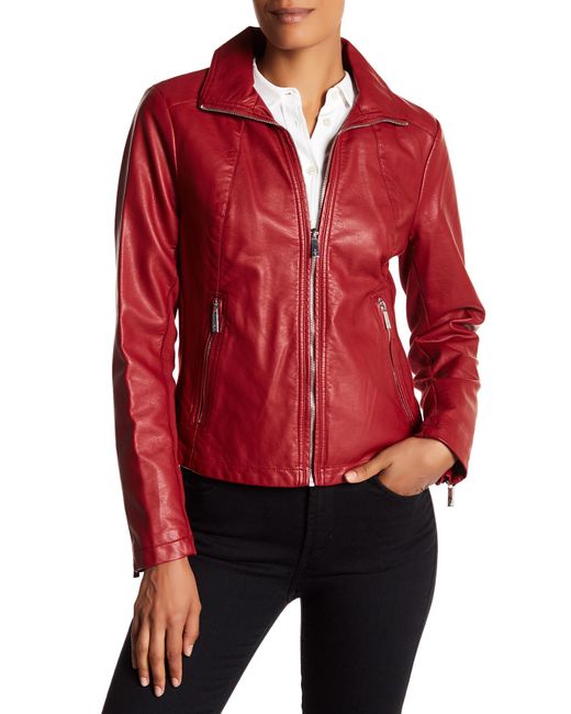 Kenneth Cole Red Faux Leather Moto Jacket
