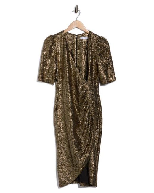 Calvin Klein Metallic Short Sleeve Faux Wrap Dress in Green | Lyst