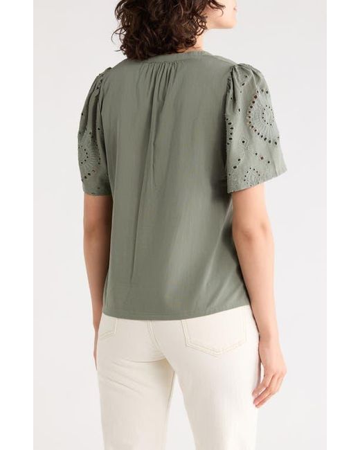 Splendid Green Eyelet Split Neck Top