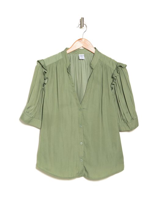 Melrose and Market Green Ruffle Sleeve Split Neck Button-up Top