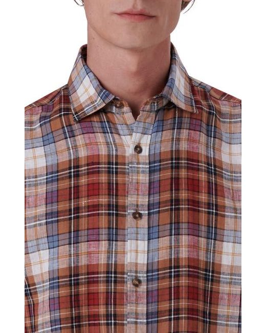 Bugatchi Red Plaid Short Sleeve Linen Button-Up Shirt for men