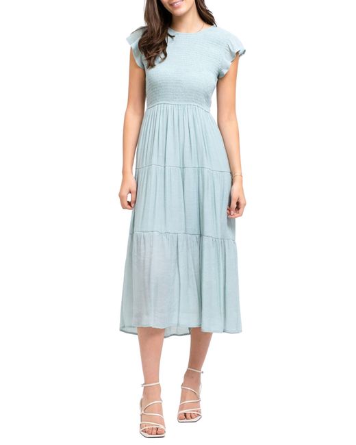 Blu Pepper Flutter Sleeve Smocked Tiered Midi Dress in Blue Lyst