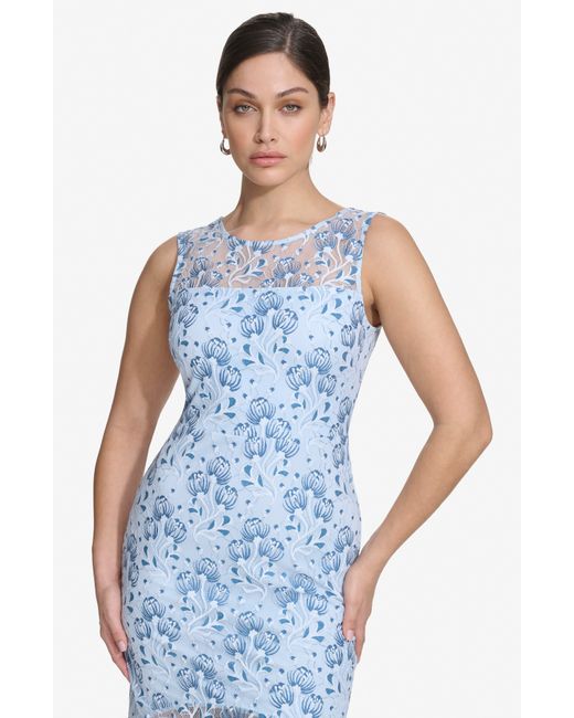 Kensie Blue Floral Lace Handkerchief Hem Dress