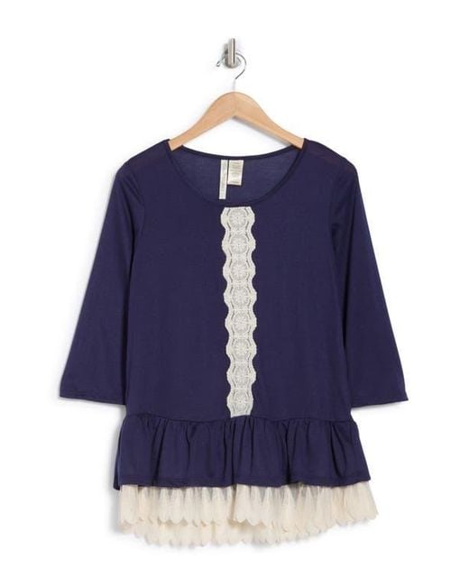 Forgotten Grace Blue Lace Trim Long Sleeve Peplum Top