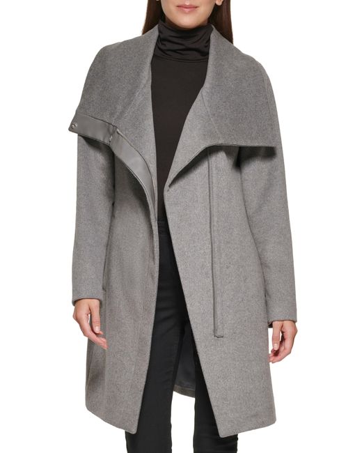 Kenneth Cole Gray Melton Faux Leather Trim Wool Blend Coat