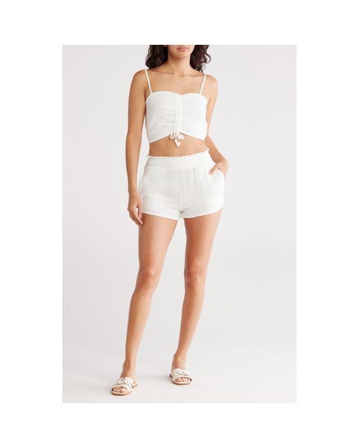 Madden Girl White Drawstring Ruched Crop Top & Shorts Set