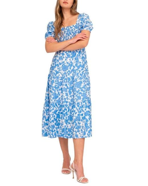 AUGUST SKY Floral Puff Sleeve Smocked Midi Dress in Blue | Lyst