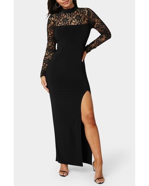 Bebe Illusion Lace Long Sleeve Maxi Dress in Black | Lyst
