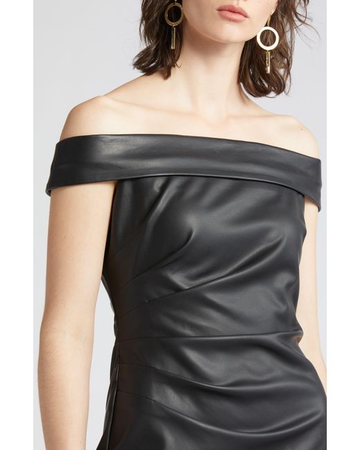 MILLY Black Ally Off The Shoulder Faux Leather Sheath Dress