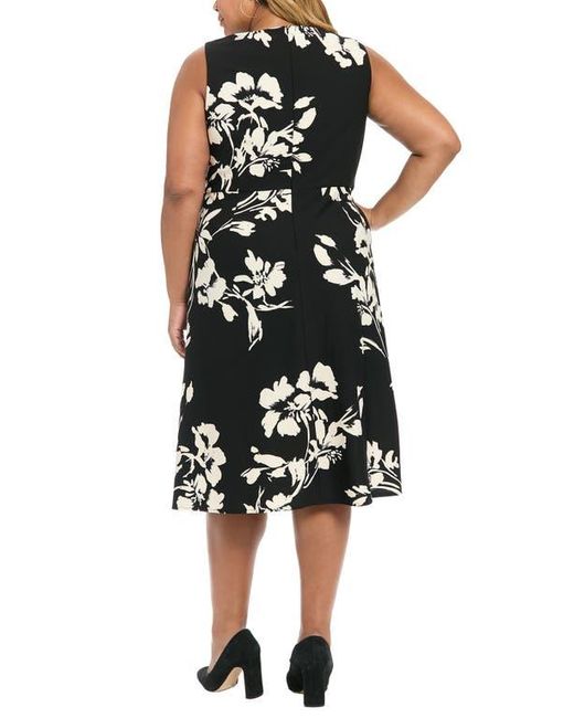 London Times Black Floral Sleeveless Twist Front Scuba Midi Dress