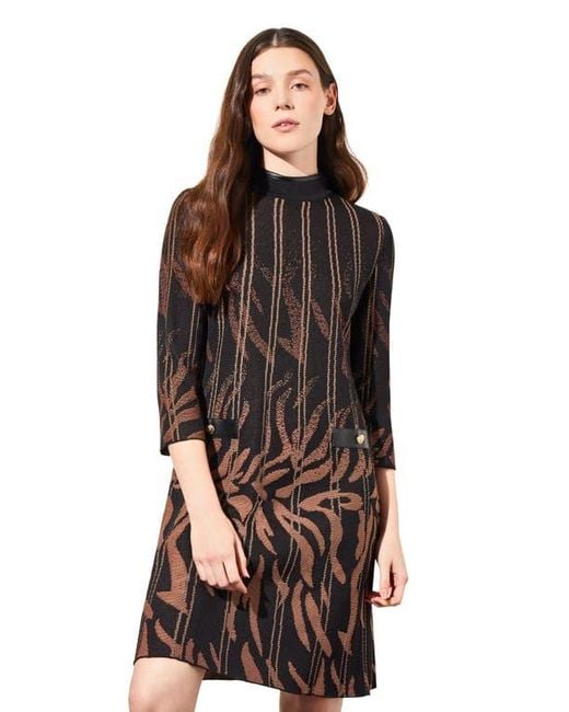 Ming Wang Women's Brown Faux Leather Trim Jacquard Sweater Dress