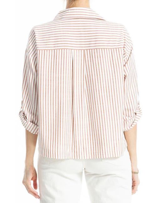 Max Studio White Grid Print Roll Sleeve Popover Shirt