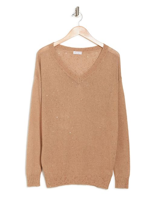 Brunello Cucinelli Natural Pinky Sequin Accented V-neck Linen Blend Sweater In Pinky Beige At Nordstrom Rack