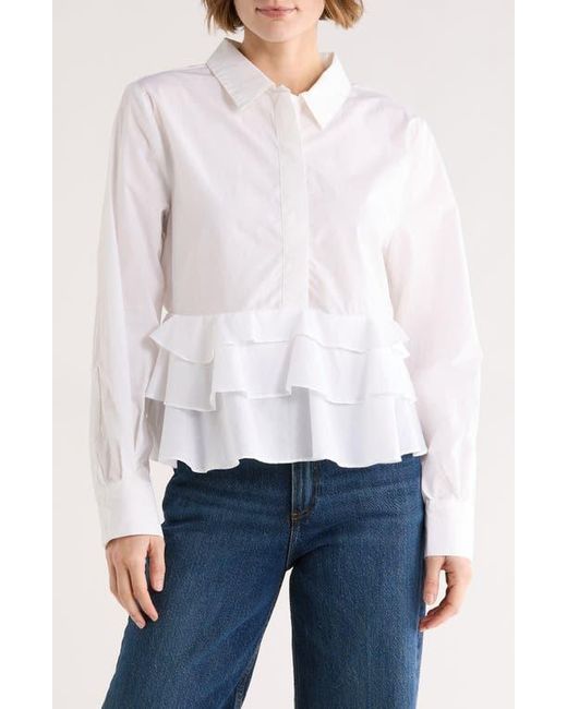 Ellen Tracy Ruffle Poplin Crop Button-Up Shirt in White | Lyst