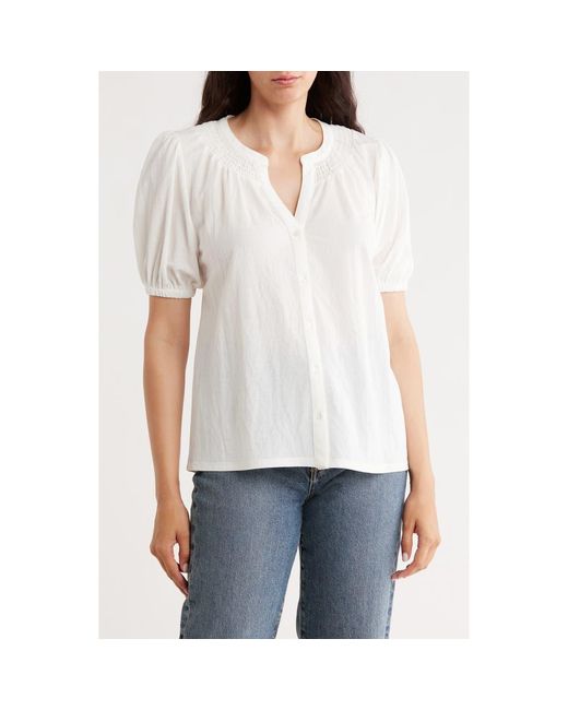Bobeau White Short Sleeve Piqué Knit Button-Up Shirt
