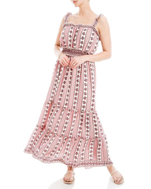 Max Studio Pink Mixed Print Ruffle Strap Maxi Dress