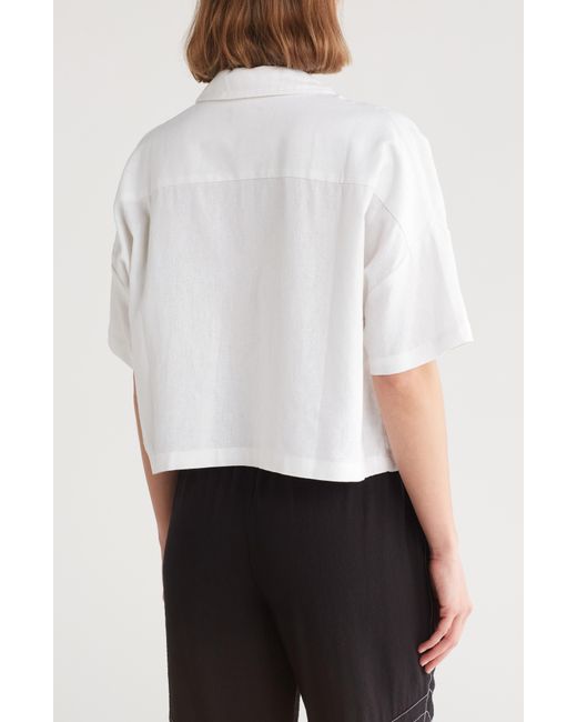 DKNY White Linen Blend Crop Button-up Camp Shirt