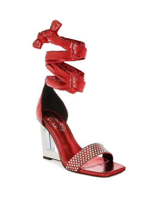 London Rag Wedge LONDON RAG Harisha Frame Wedge Ankle Tie Sandal in Red | Lyst