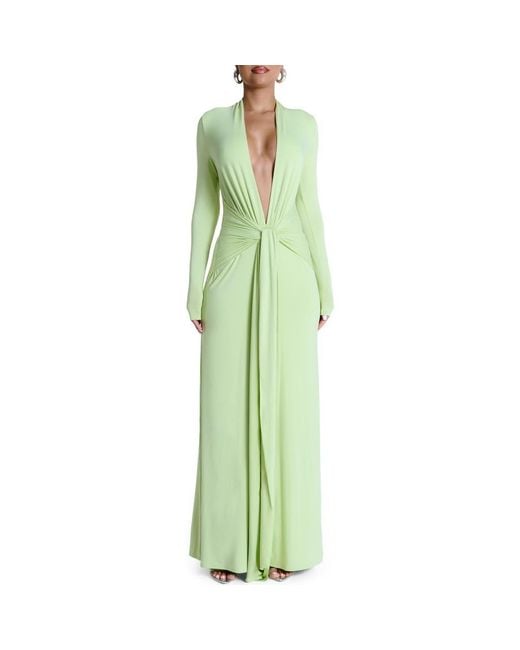 naked green dress Naked Wardrobe Plunge Neck Long Sleeve Stretch Jersey Maxi Dress in Green
