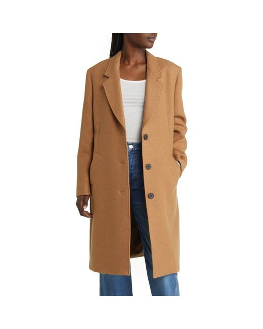 FRAME Wool Blend Single Breasted Longline Coat in Brown Lyst