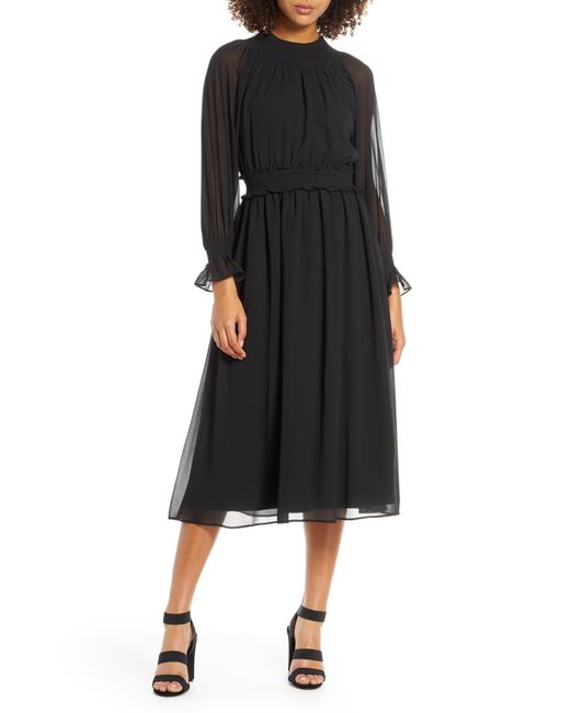 Chelsea28 Black Smocked Neck Long Sleeve Chiffon Midi Dress