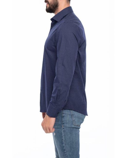 VELLAPAIS Blue Grid Cotton Slim Fit Button Down Shirt for men