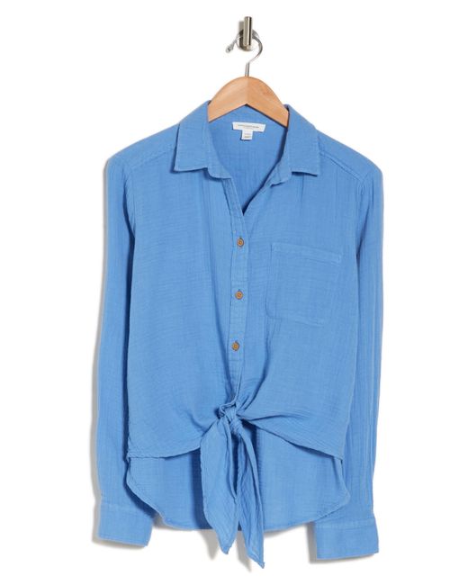Beach Lunch Lounge Blue Long Sleeve Tie Hem Cotton Gauze Button-up Shirt
