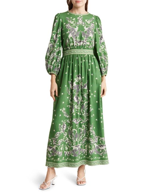 Max Studio Green Floral Long Sleeve Linen Blend Maxi Dress
