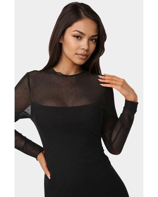 Bebe Black Rhinestone Mesh Long Sleeve Body-Con Dress