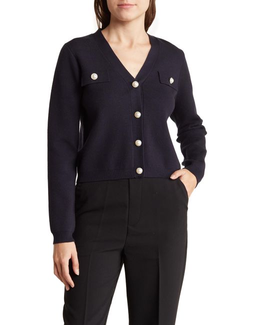 T Tahari Blue Cardigan With Faux Pearl Buttons