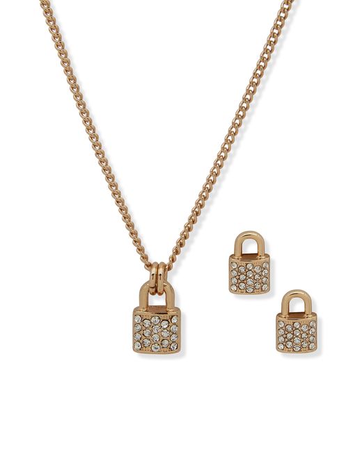 DKNY Metallic Padlock Pendant Necklace & Earrings Set