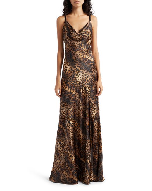 L'Agence Brown Venice Animal Cowl Neck Silk Gown