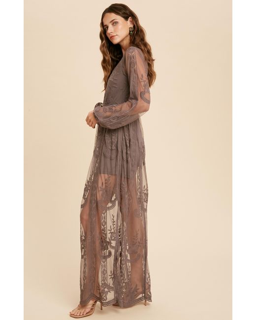 Wishlist Brown Floral Embroidered Long Sleeve Maxi Dress