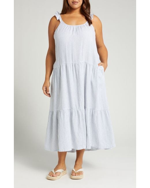 Caslon White Stripe Flutter Sleeve Tiered Linen Blend Midi Dress