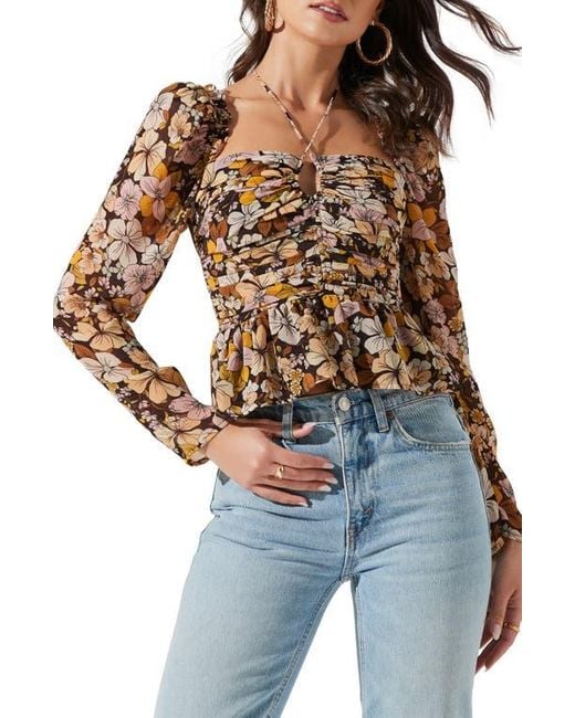 Astr Brown Toni Tie Neck Peplum Top